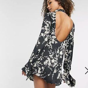 Free People New Aries printed mini dress in black, Open Back, Mock Neck